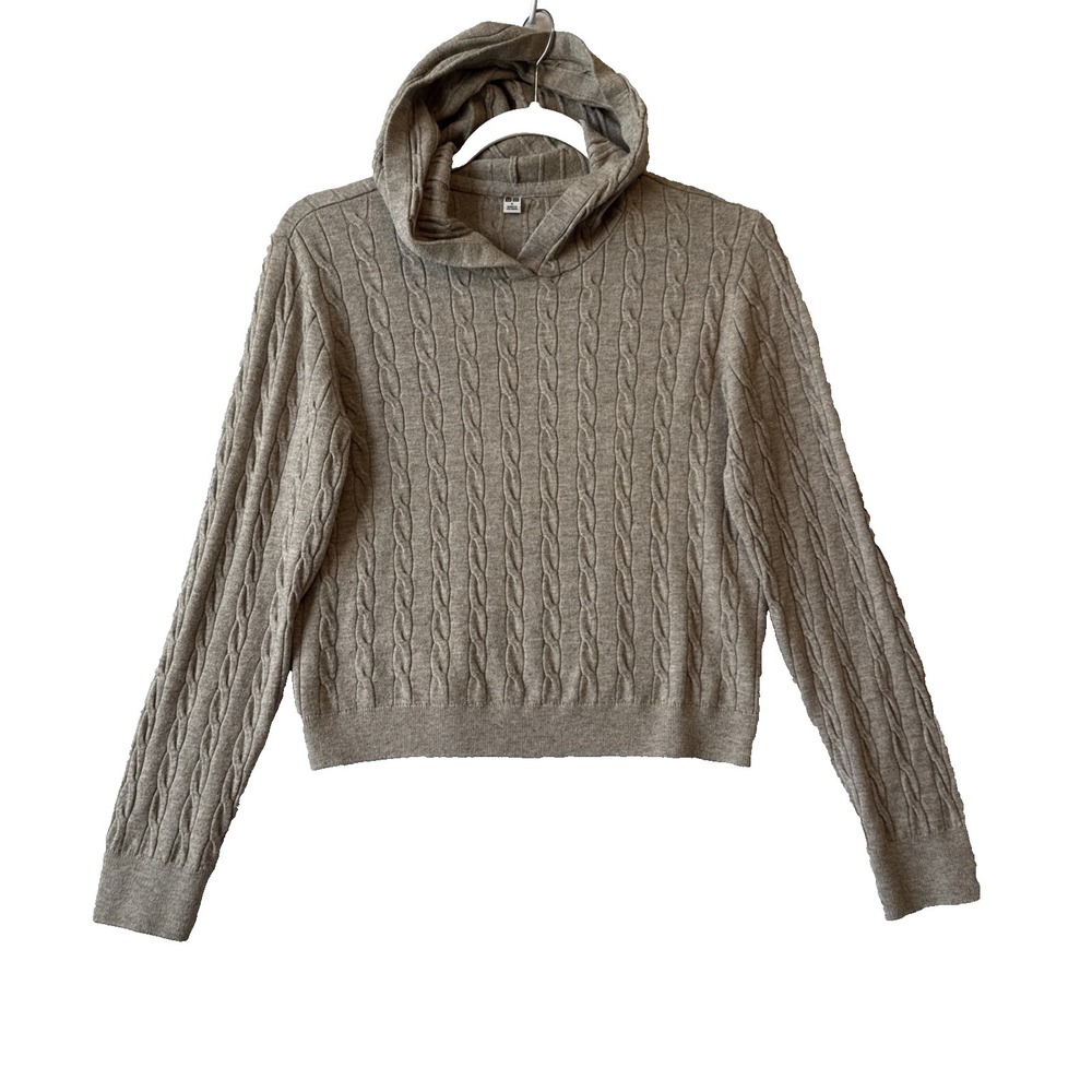 Uniqlo‎ Cable Knit Hooded Crop Sweater S Khaki Colorway Quiet Luxury Fisherman